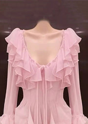 Novelty Pink Ruffled Lace Up Chiffon Mid Dress Long Sleeve