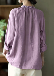 Novelty Purple V Neck Embroideried Neck Tie Linen Shirt Long Sleeve