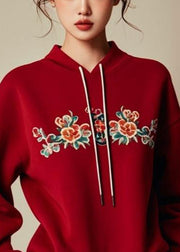 Novelty Red Hooded Print Cotton Sweatshirt Fall