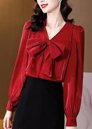 Novelty Red Solid Bow Silk Shirt Spring