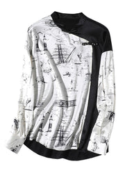 Novelty White Patchwork Black Stand Collar Button Silk Shirts Long Sleeve