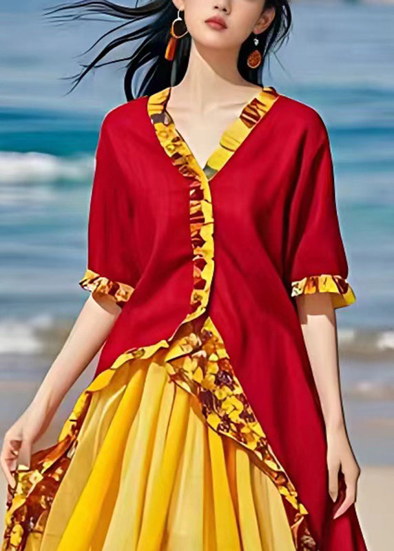 Novelty Yellow Patchwork Chiffon Long Dresses Short Sleeve