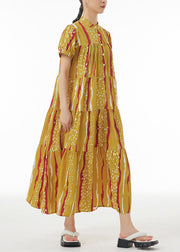 Novelty Yellow Print Patchwork Button Maxi Dresses Summer