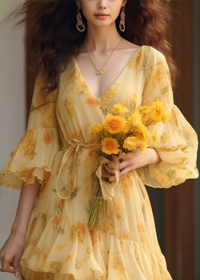 Novelty Yellow Ruffled Print Tie Waist Chiffon Dresses Summer