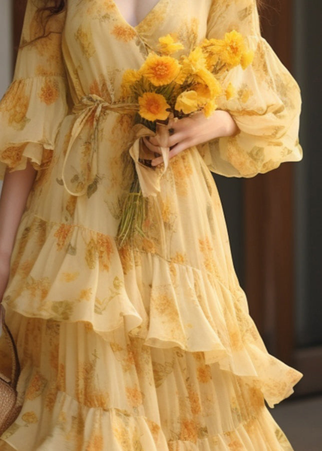 Novelty Yellow Ruffled Print Tie Waist Chiffon Dresses Summer