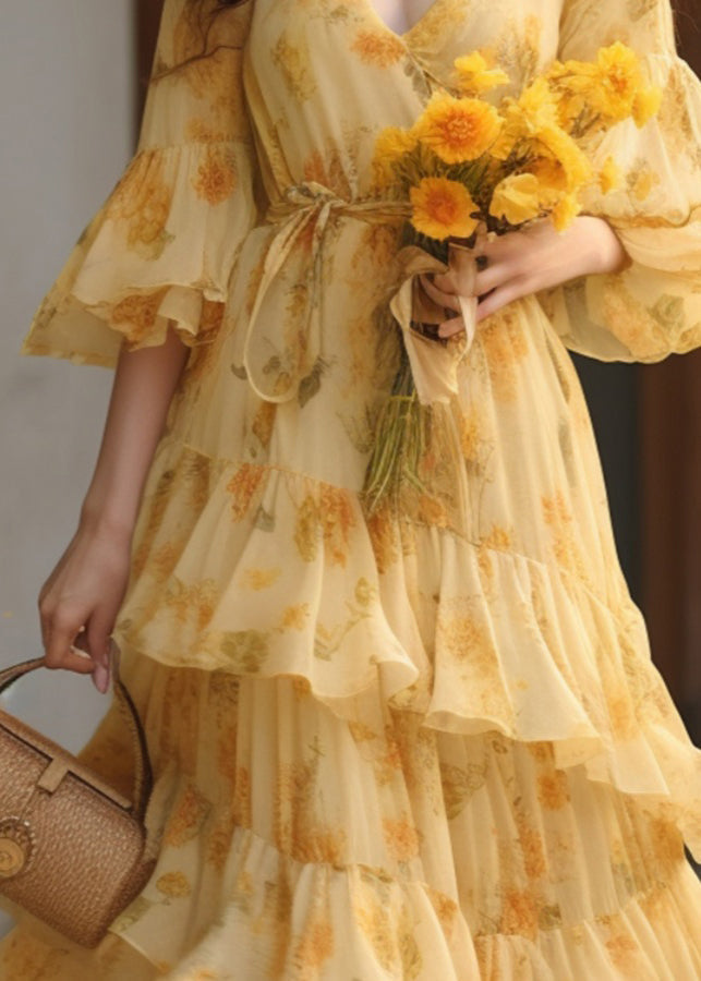 Novelty Yellow Ruffled Print Tie Waist Chiffon Dresses Summer