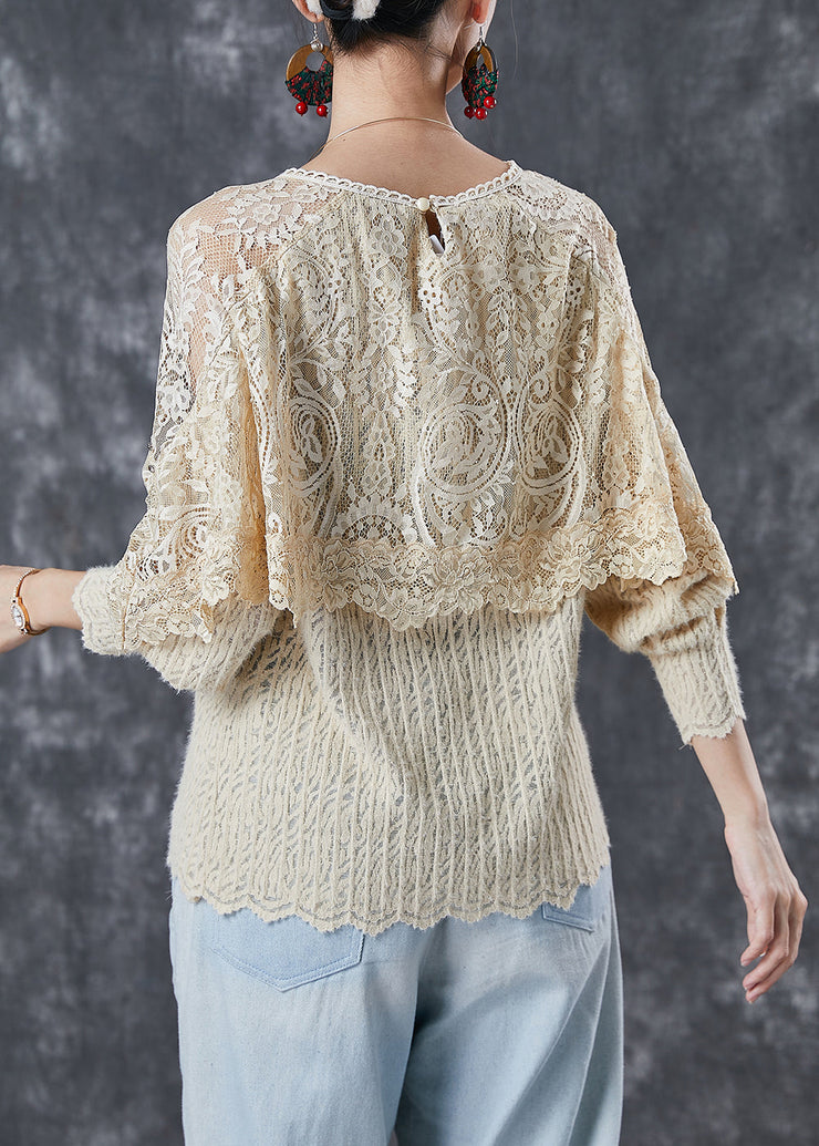 Nude Patchwork Lace Blouses Hollow Out Cloak Sleeves