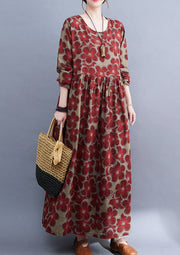 Loose Cotton and Linen Floral Print Dress Long Sleeve