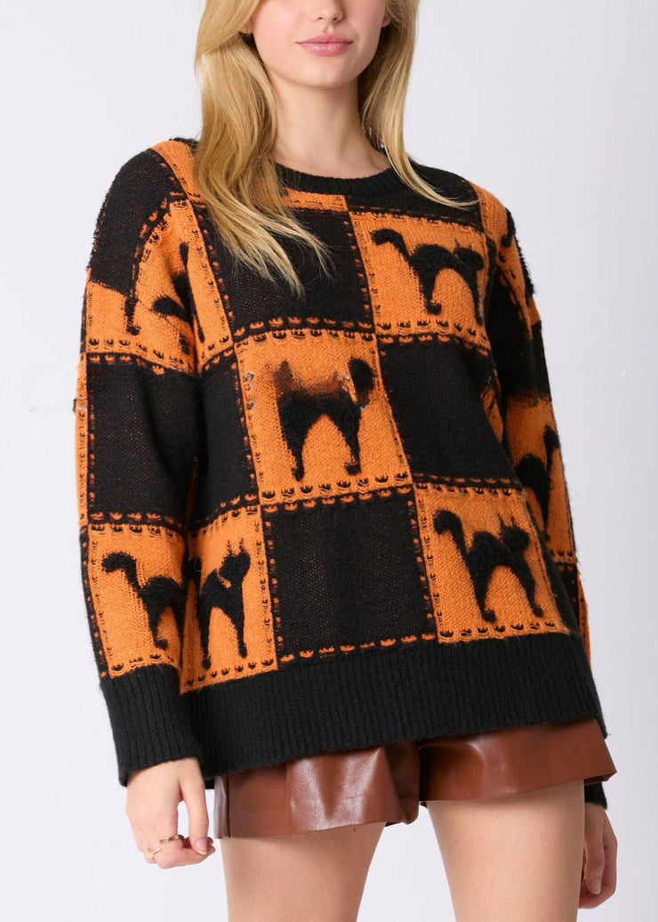 Orange Animal Cozy Knit Sweater O Neck Fall