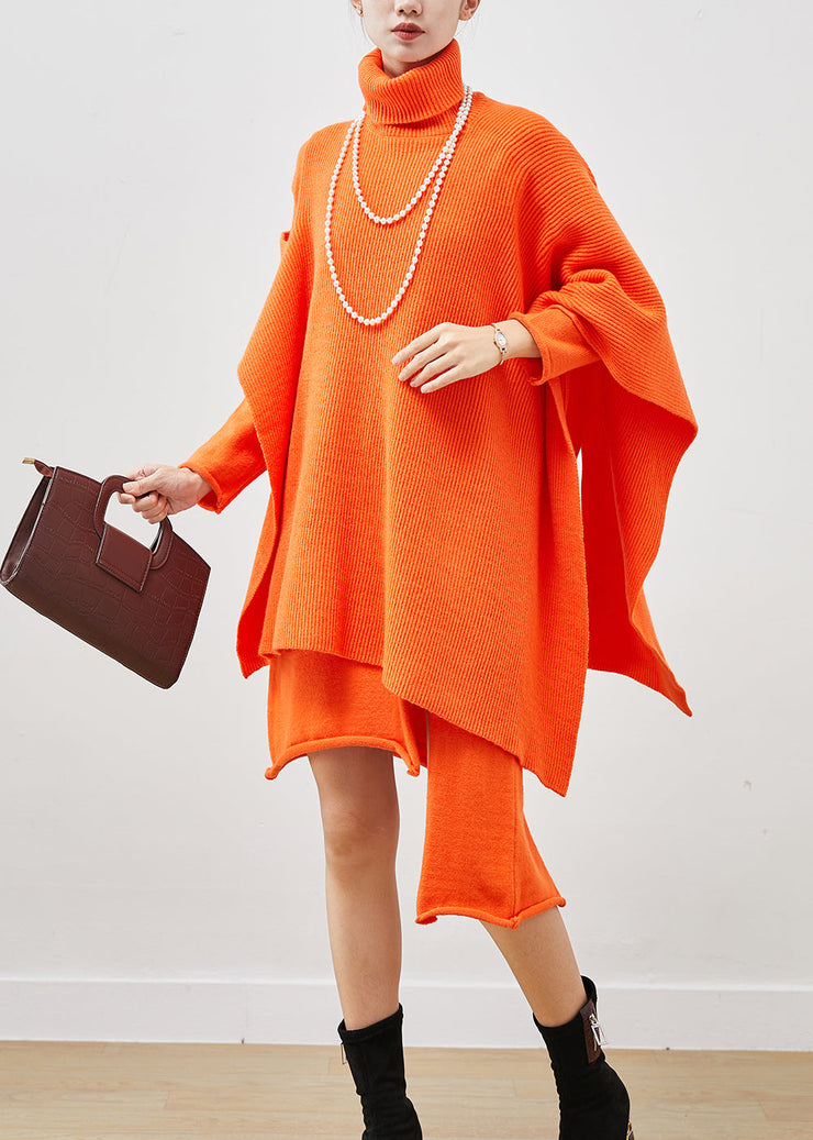 Orange Asymmetrical Knit Dress Two Pieces Set Turtle Neck Spring