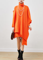 Orange Asymmetrical Knit Dress Two Pieces Set Turtle Neck Spring