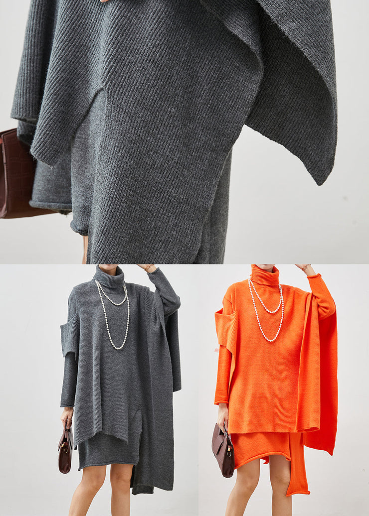 Orange Asymmetrical Knit Dress Two Pieces Set Turtle Neck Spring