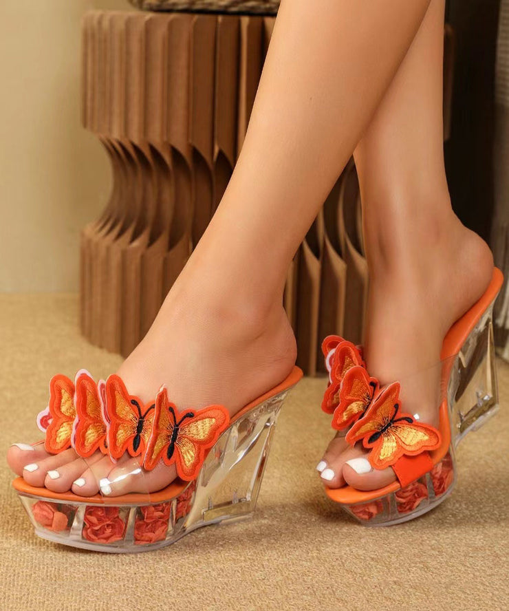 Orange Butterfly Splicing Wedge Heels Slide Sandals Peep Toe