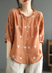 Orange Button Cozy Linen Top Half Sleeve