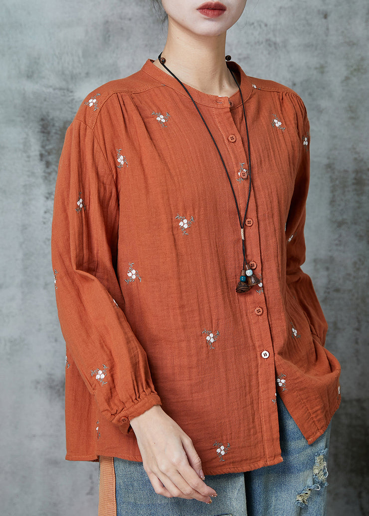 Orange Comfortable Cotton Blouses Embroidered Spring