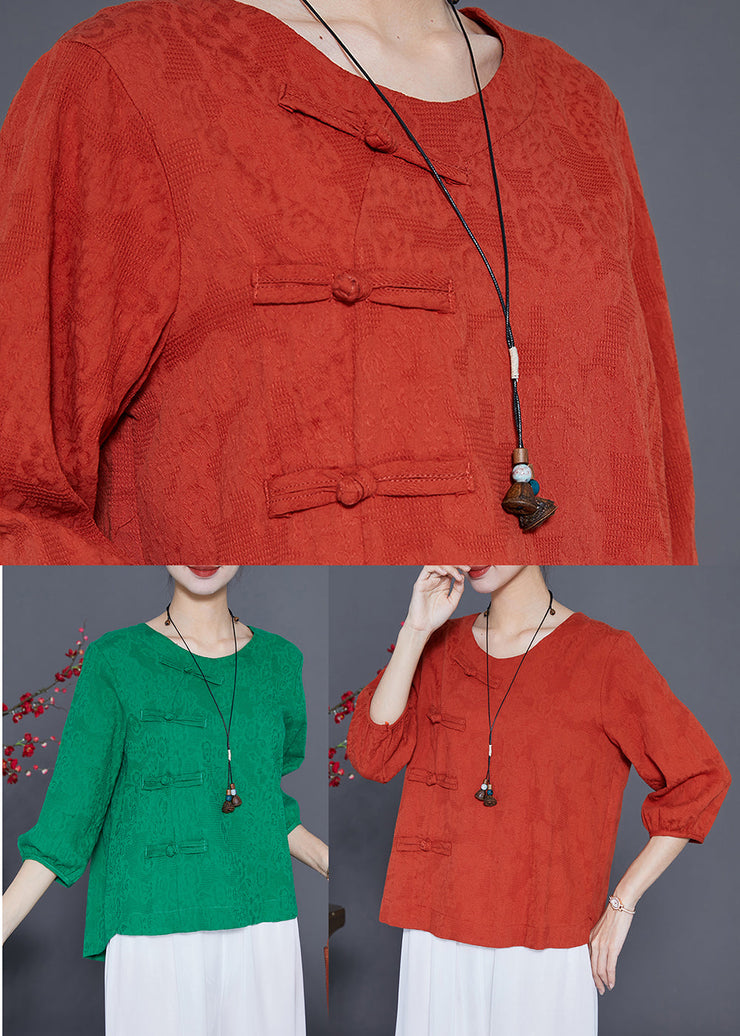 Orange Cotton Blouse Tops O-Neck Chinese Button Bracelet Sleeve