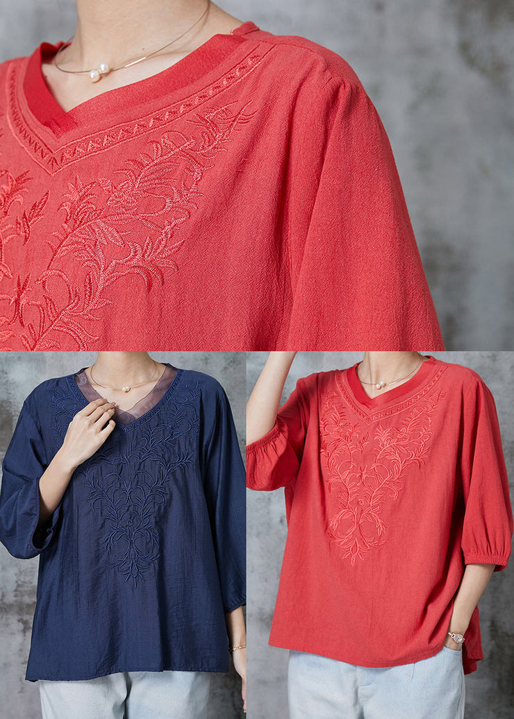 Orange Cotton Shirt Tops V Neck Embroidered Half Sleeve