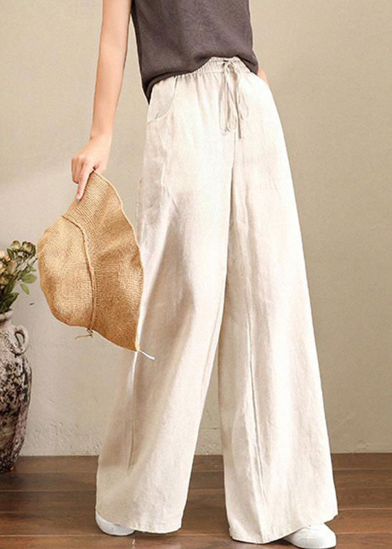 Orange-print3 Elastic Waist Linen Straight Pants Solid Color Drawstring Summer