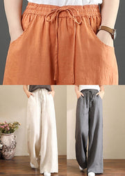 Orange-print3 Elastic Waist Linen Straight Pants Solid Color Drawstring Summer