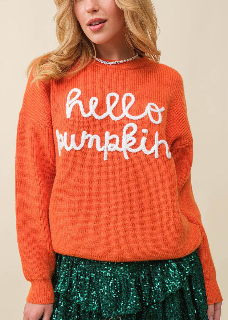 Orange Hollow Out Knit Sweaters O-Neck Long Sleeve