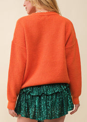 Orange Hollow Out Knit Sweaters O-Neck Long Sleeve