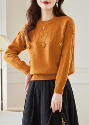 Orange Hollow Out Solid Knit Fall Sweaters O Neck