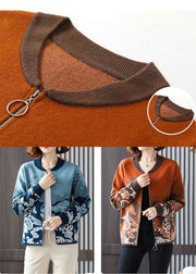 Orange Jacquard Knit Coat Outwear O-Neck Zip Up Long Sleeve