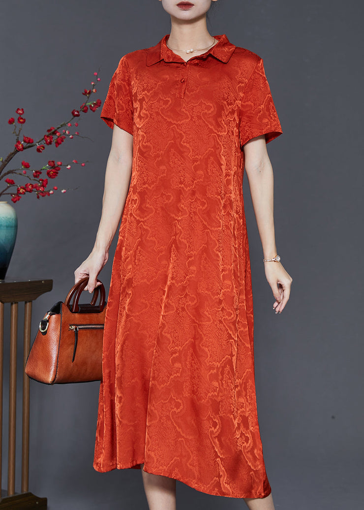 Orange Jacquard Silk Long Dress Exra Large Hem Summer