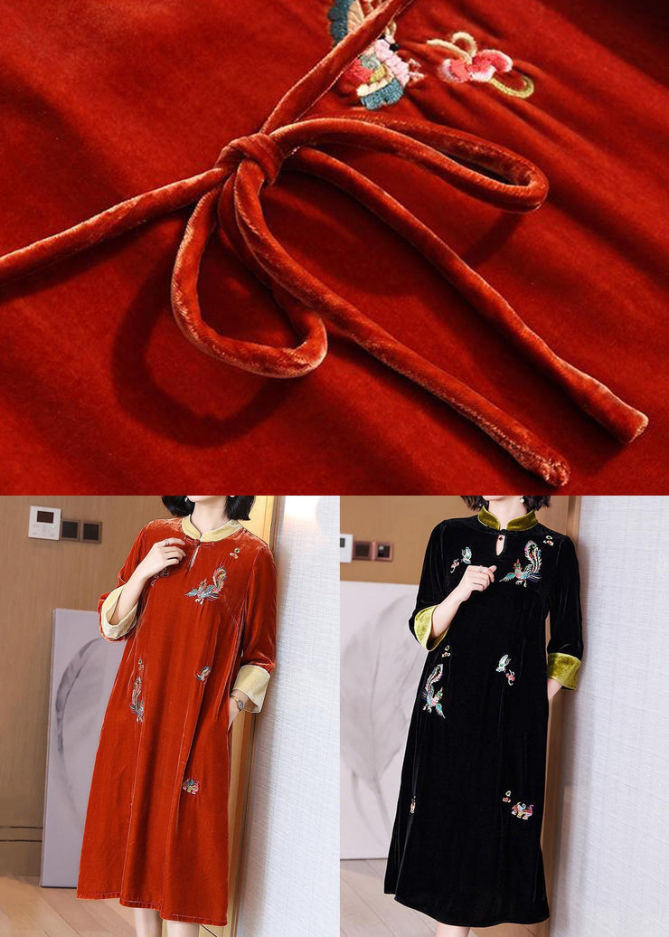 Orange Lace Up Silk Velour Long Dresses Stand Collar Spring