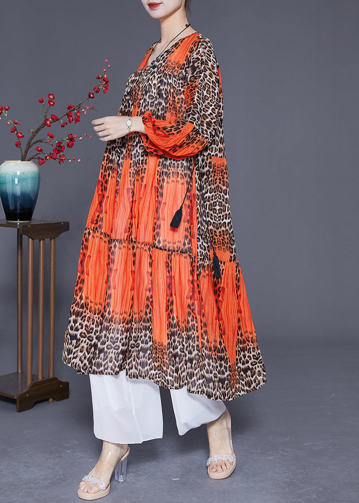 Orange Leopar Print Chiffon Maxi Dress Drawstring Exra Large Hem Summer