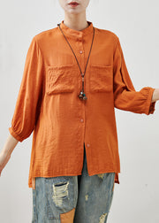 Orange Linen Blouse Top Stand Collar Embroidered Summer