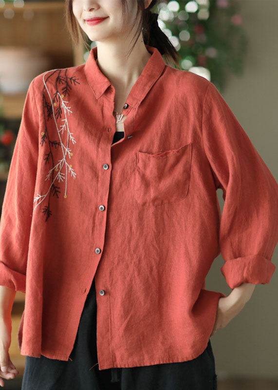 Orange Linen Blouses Embroideried Chinese Style Long Sleeve