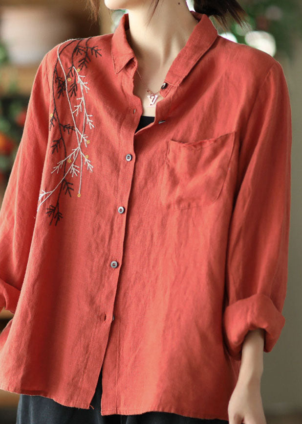 Orange Linen Blouses Embroideried Chinese Style Long Sleeve