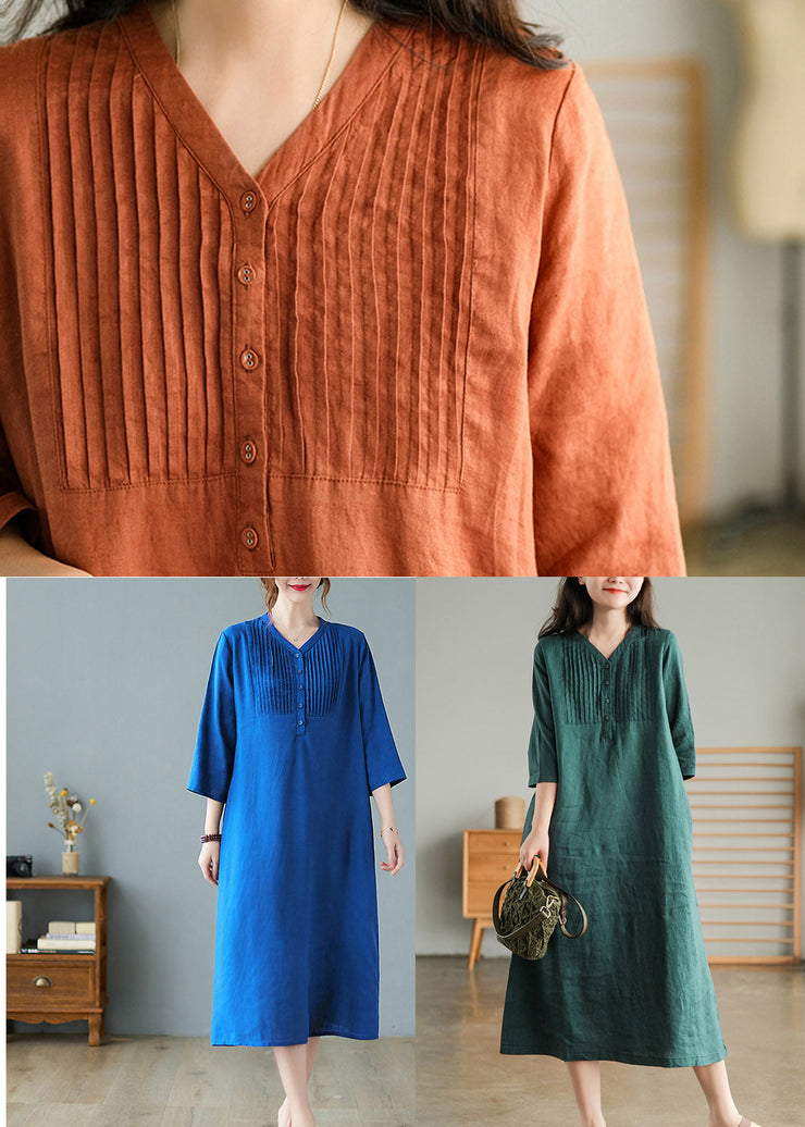 Blue Print10 Loose Linen Long Dresses Button Solid Half Sleeve