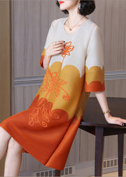 Orange O-Neck Print Maxi Dress Half Sleeve