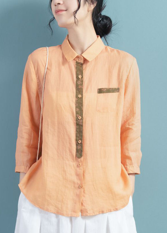 Orange Patchwork Button Ramie Shirts Fall