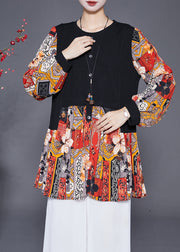 Orange Patchwork Chiffon Knit Fake Two Piece Blouses Fall