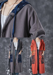 Orange Patchwork Cotton Trench Oversized Big Pockets Fall