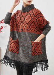 Orange Patchwork Knit Vacation Dresses Turtle Neck Tasseled Spring