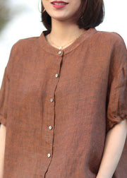 Orange Patchwork Linen Shirt Stand Collar Button Short Sleeve