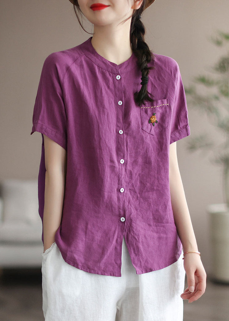 Orange Patchwork Linen Shirt Top Embroideried Button Summer