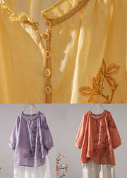 Orange Patchwork Linen T Shirt Embroideried O-Neck Half Sleeve