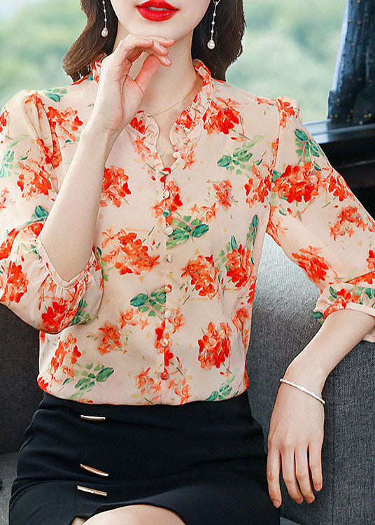 Orange Patchwork Print Silk Shirts V Neck Ruffled Summer