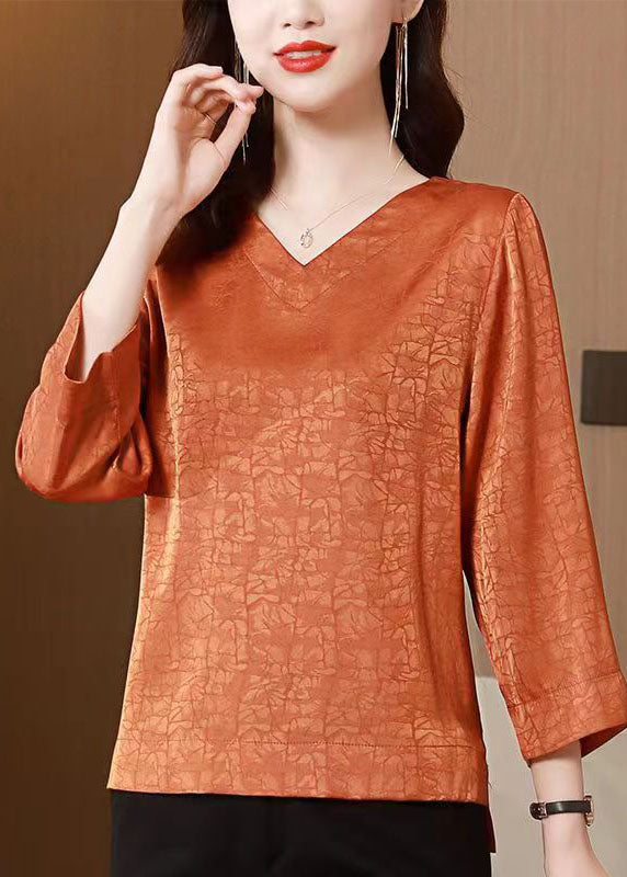 Orange Patchwork Silk Blouse Top V Neck Bracelet Sleeve