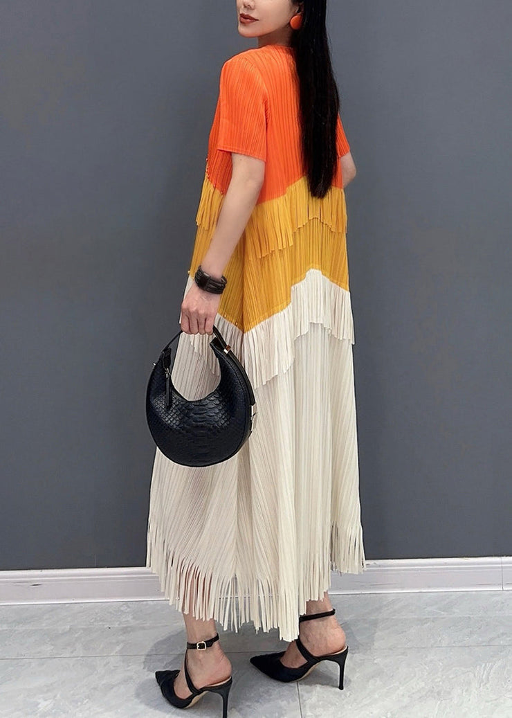 Orange Patchwork Silk Long Dress Tasseled O-Neck Summer