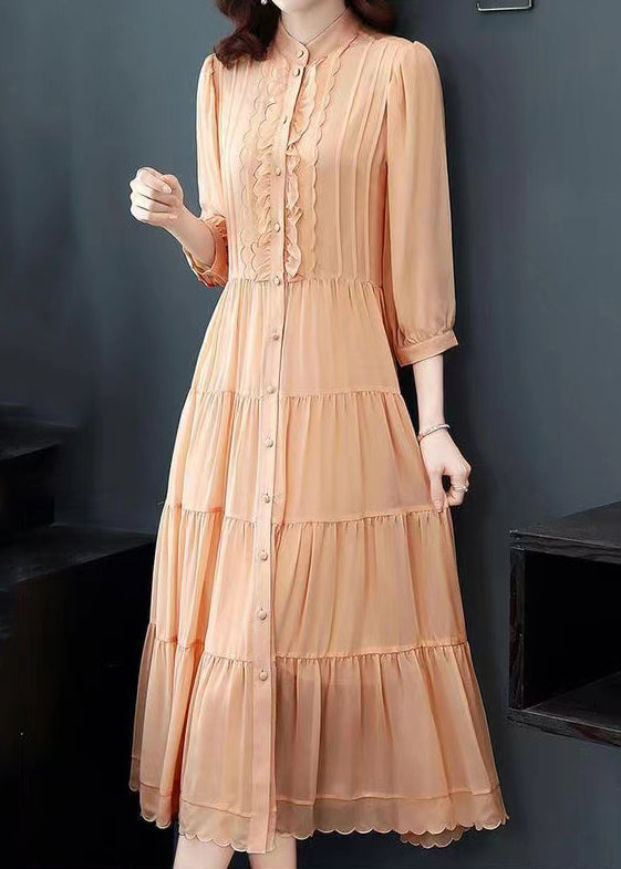 Orange Patchwork Silk Long Dresses Ruffled Stand Collar Button Fall