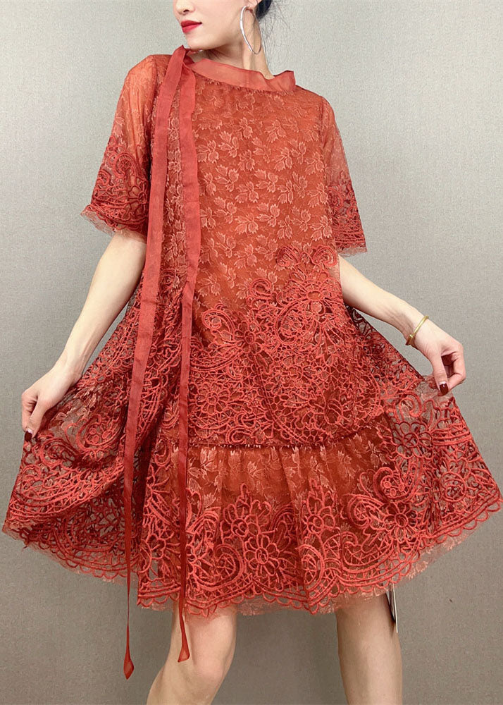 Orange Patchwork Tulle Party Dress Embroideried Summer