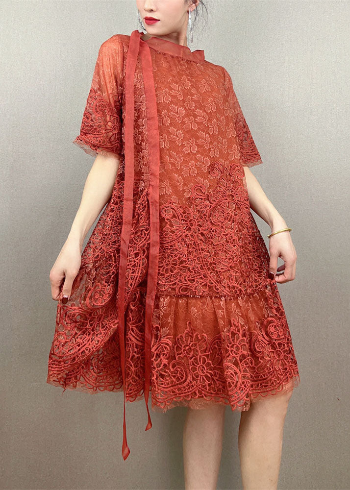 Orange Patchwork Tulle Party Dress Embroideried Summer