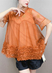 Orange Patchwork Tulle Top Embroideried Ruffled Stand Collar Summer