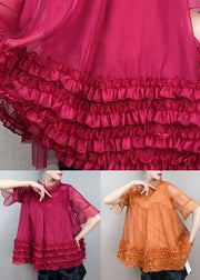 Orange Patchwork Tulle Top Embroideried Ruffled Stand Collar Summer